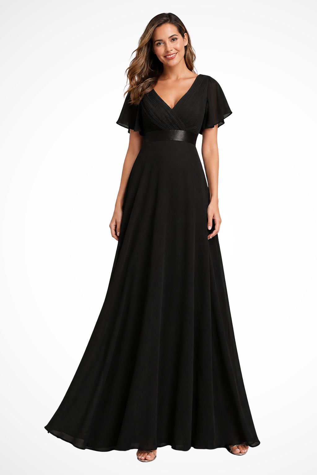Women's Black Chiffon V-Neck Evening Maxi Party Gown - Black