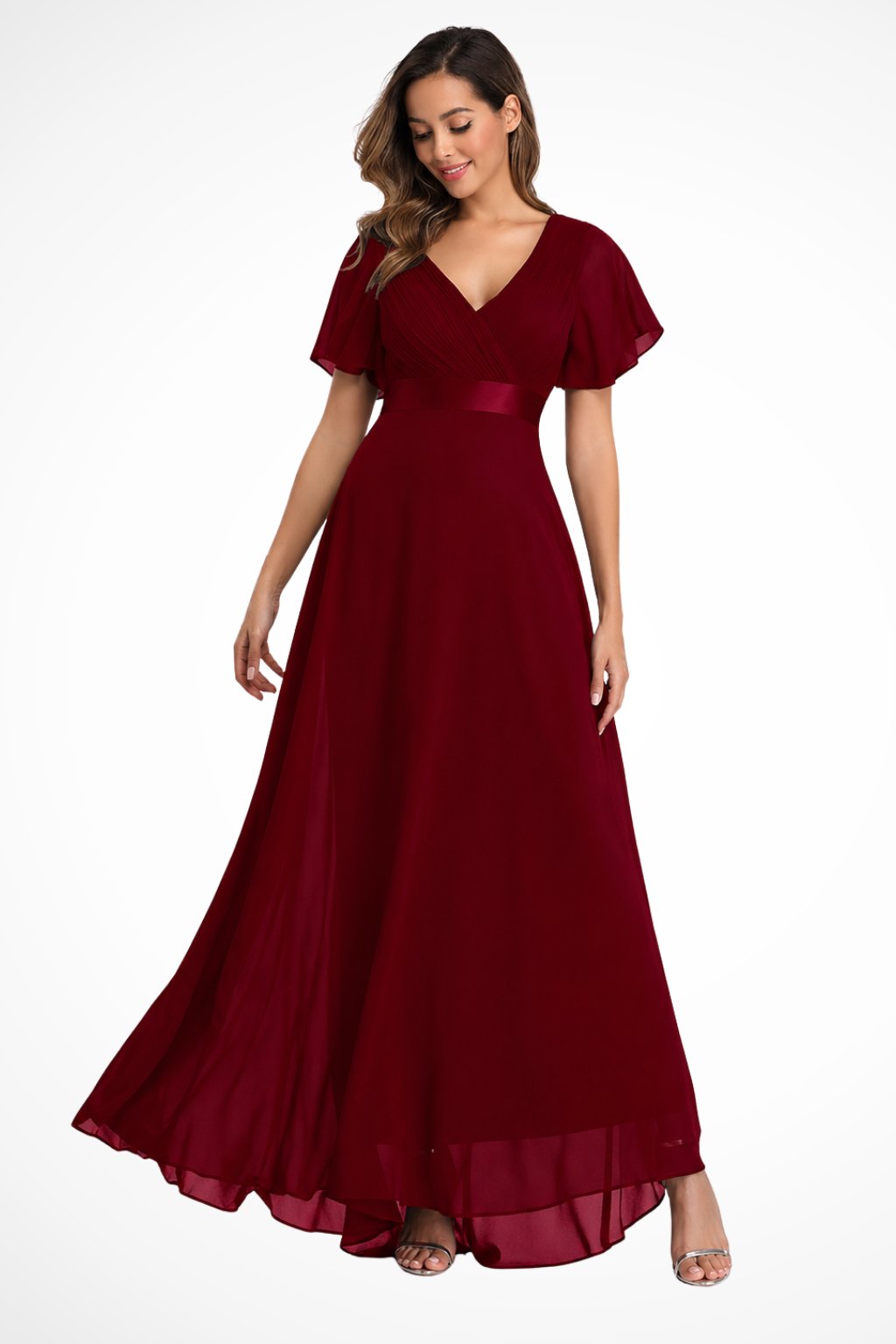 Women's Black Chiffon V-Neck Evening Maxi Party Gown - Burgundy