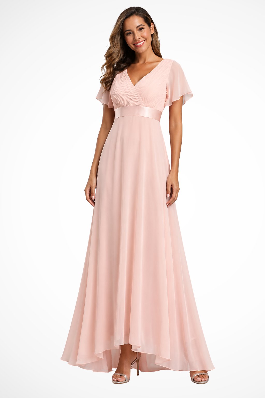 Women's Black Chiffon V-Neck Evening Maxi Party Gown - Pink