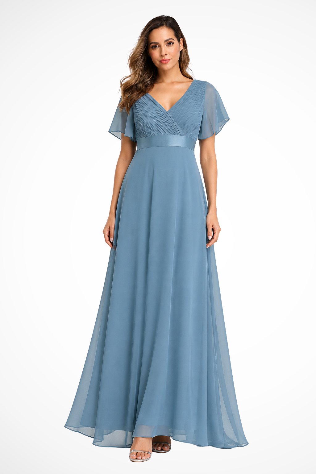 Women's Black Chiffon V-Neck Evening Maxi Party Gown - Light Blue