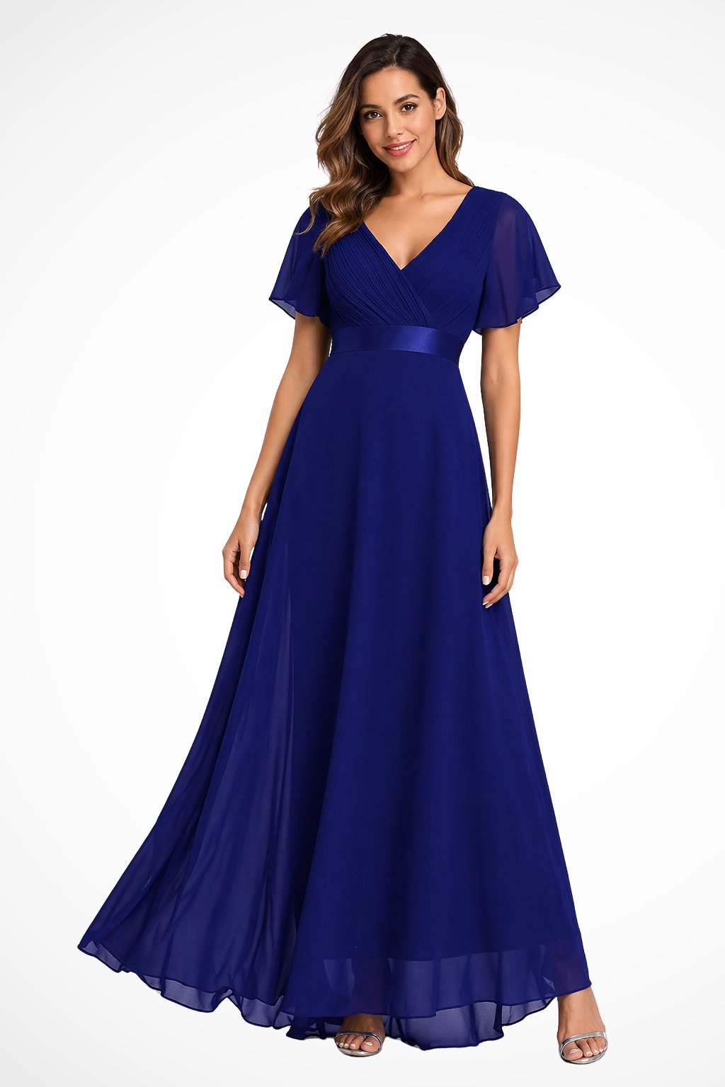 Women's Black Chiffon V-Neck Evening Maxi Party Gown - Dark Blue