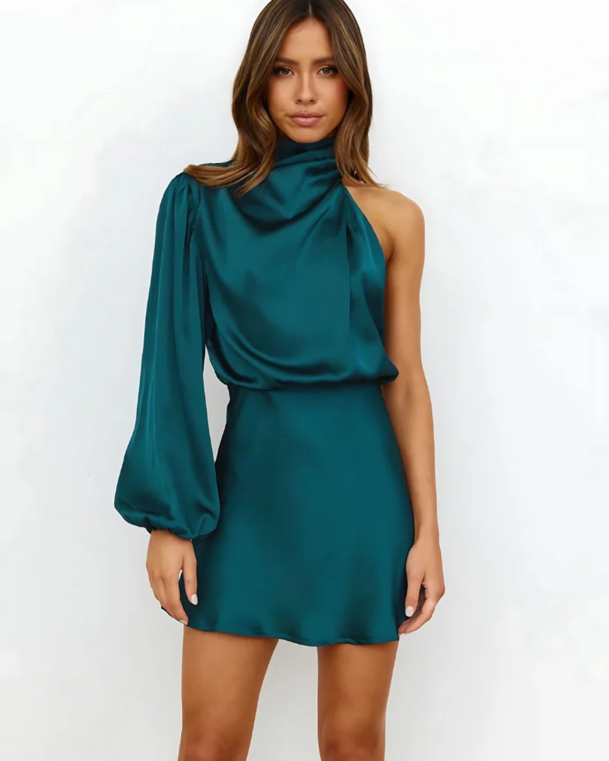 Women's Cocktail Satin One-Shoulder Mini Party Dress - Blue