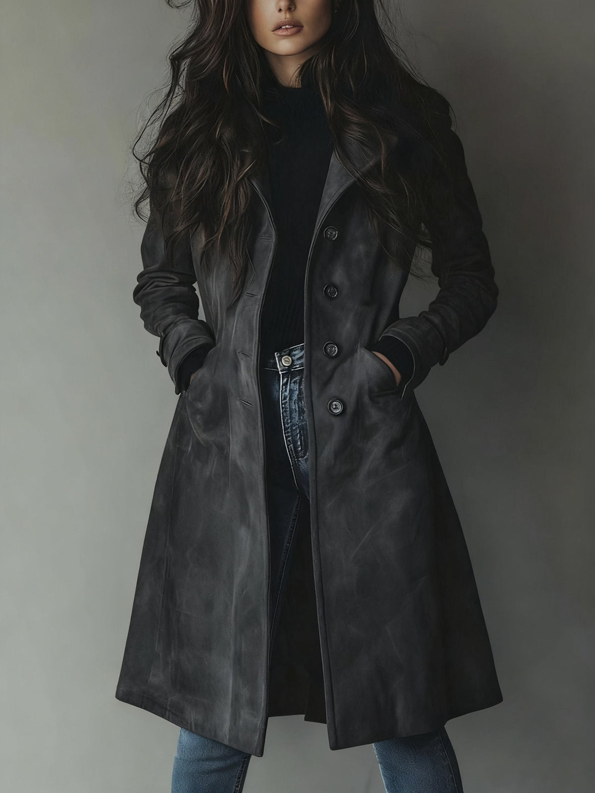 Women's Suede Longline Trench Coat - Dark Gray