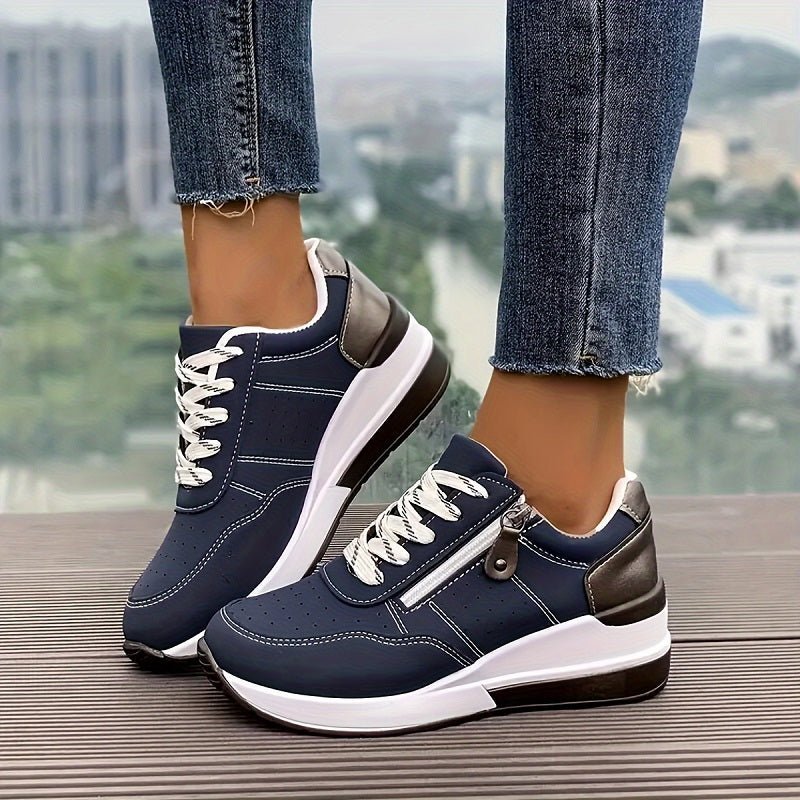 Women's Faux Leather Wedge Lace-Up Platform Trainers - Blue