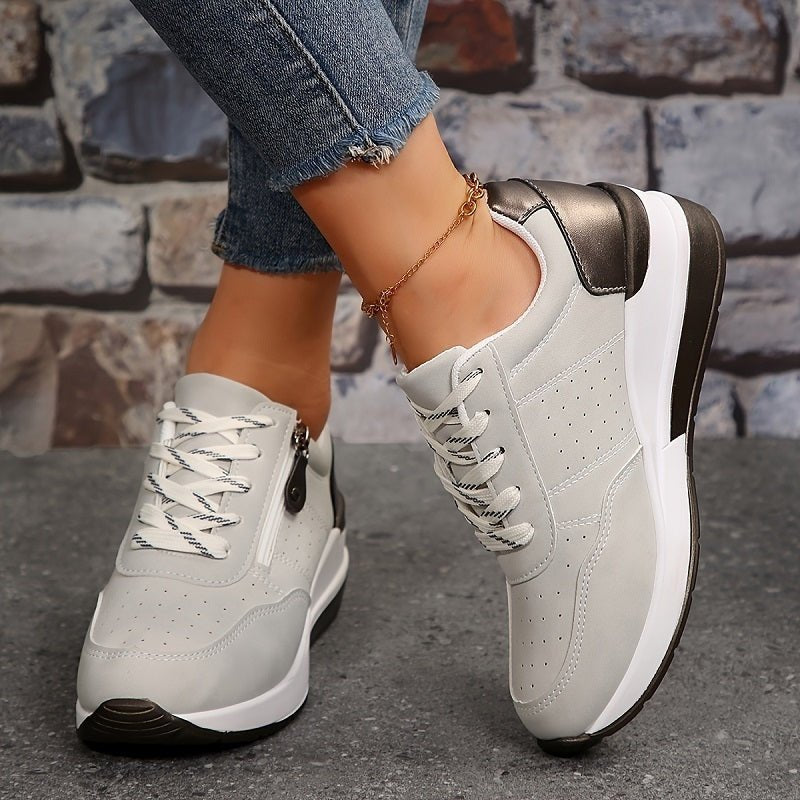 Women's Faux Leather Wedge Lace-Up Platform Trainers - Grey