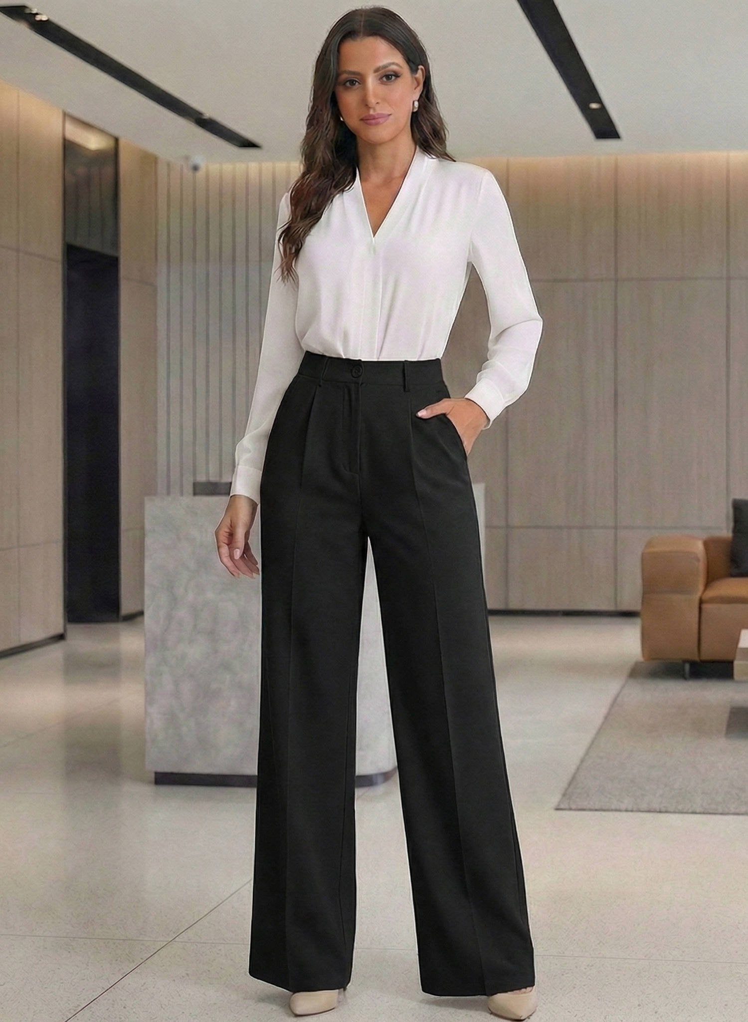 Women's Work High-Waisted Tailored Pleated Wide-Leg Trousers - Black