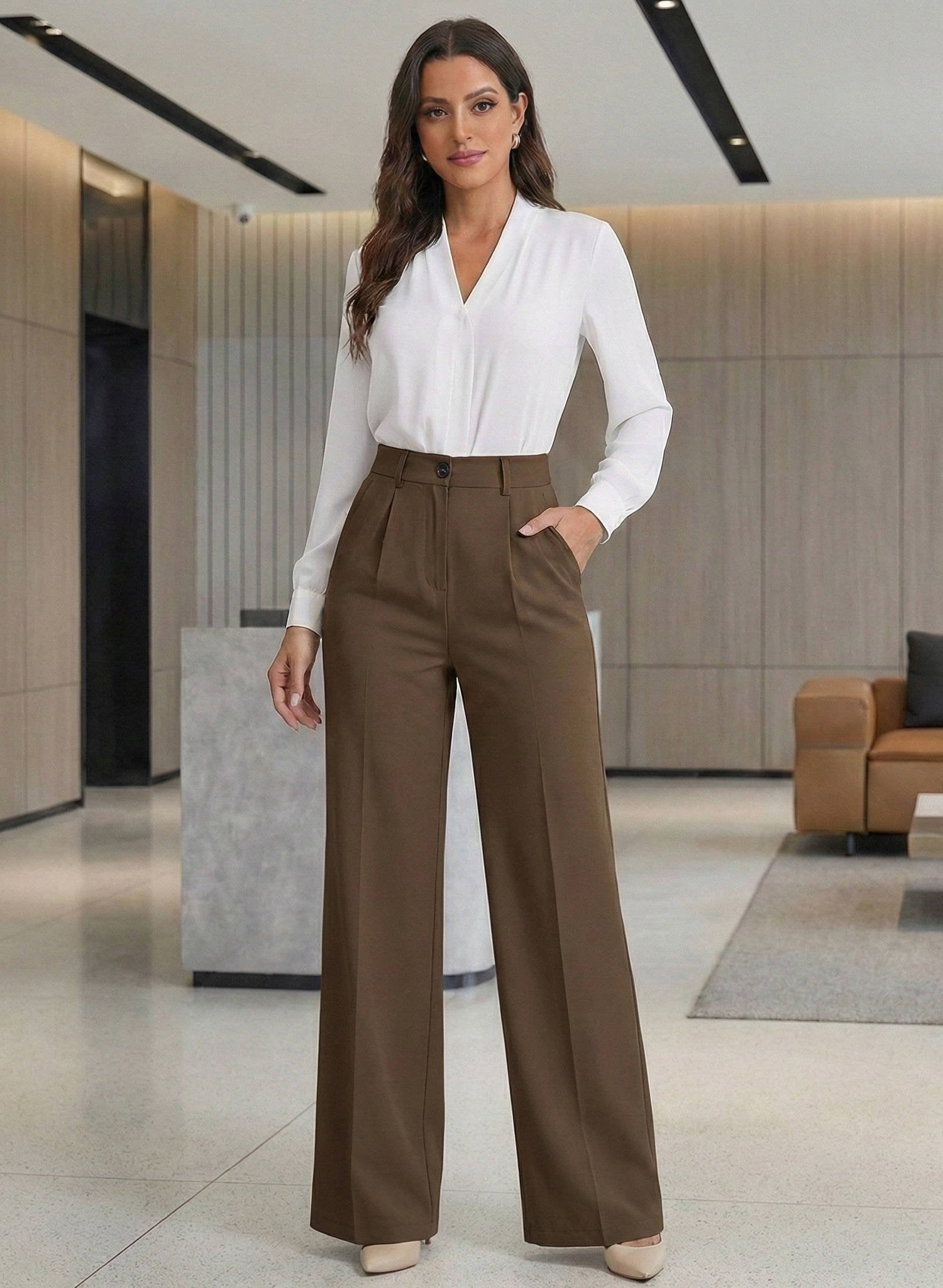 Women's Work High-Waisted Tailored Pleated Wide-Leg Trousers - Brown