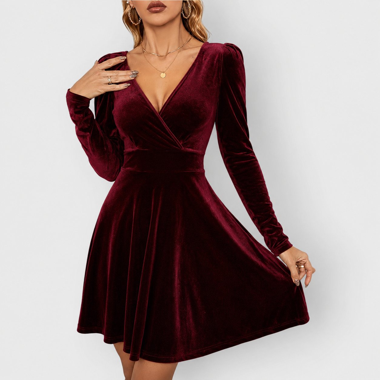 Women's Velvet Long Sleeve Mini Party Dress - Red