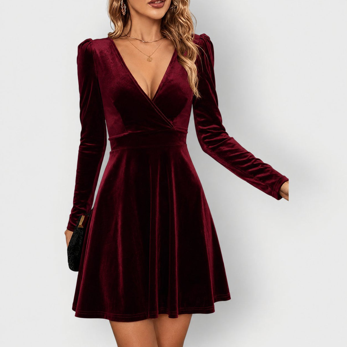 Women's Velvet Long Sleeve Mini Party Dress - Green