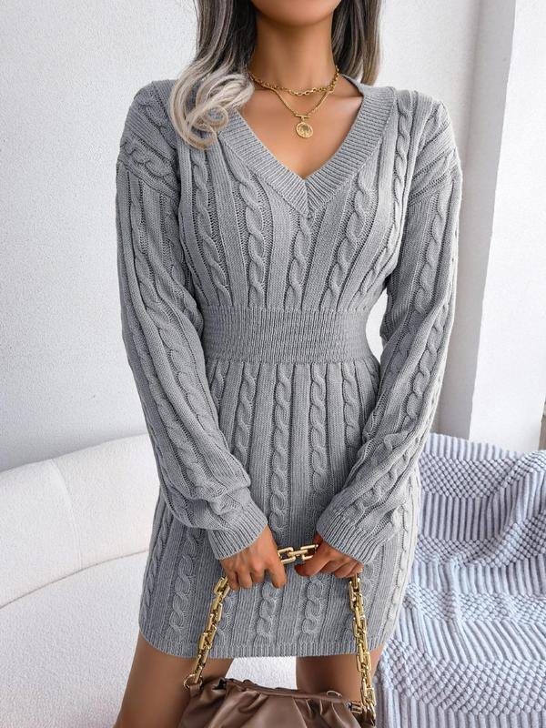 Women's Chunky Bodycon Cable Knit V-Neck Mini Jumper Dress - Grey