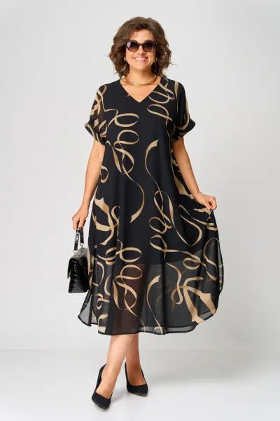 Women's Black V-Neck Chiffon Midi Party Dress - Black