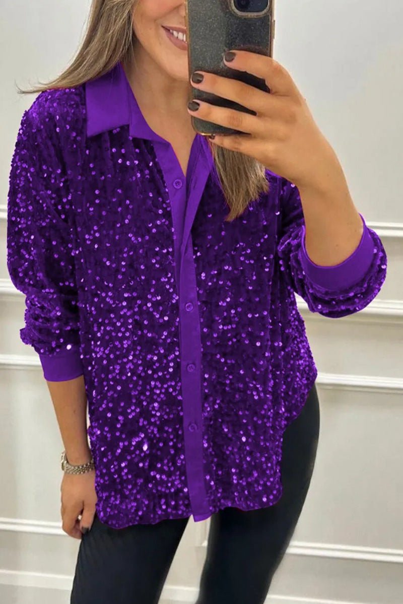 Women's Oversized Sequin Long Sleeve Shirt - Purple