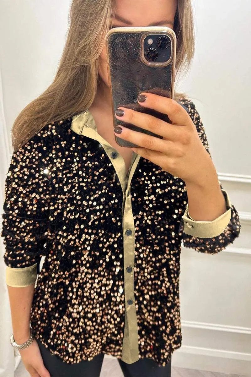 Women's Oversized Sequin Long Sleeve Shirt - Gold