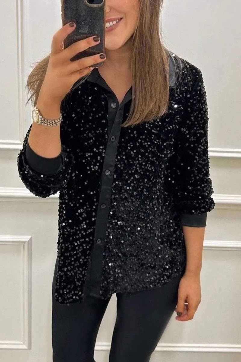 Women's Oversized Sequin Long Sleeve Shirt - Black