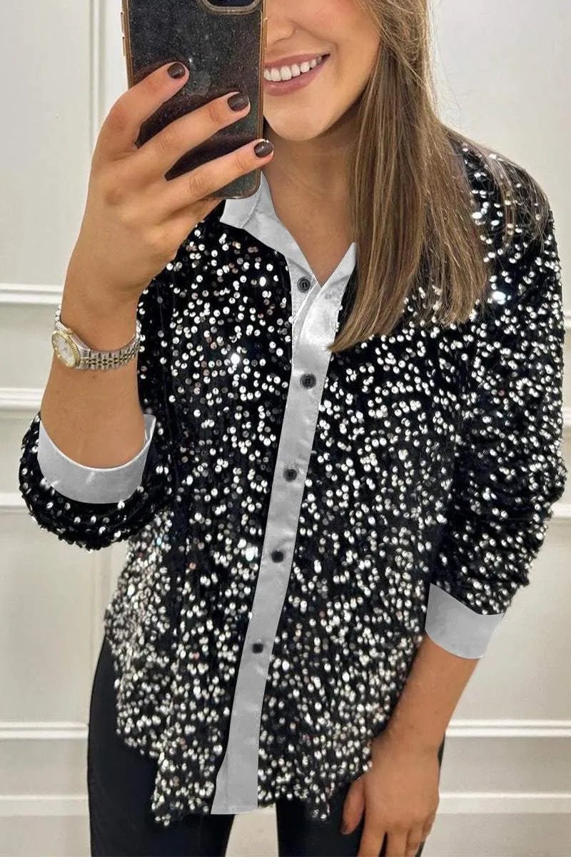 Women's Oversized Sequin Long Sleeve Shirt - Silver