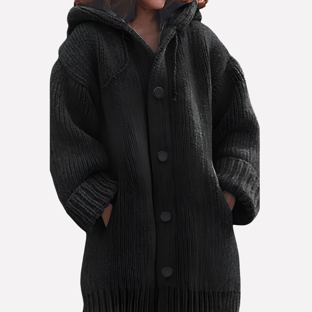 Women's Oversized Ribbed Longline Hooded Cardigan - Black