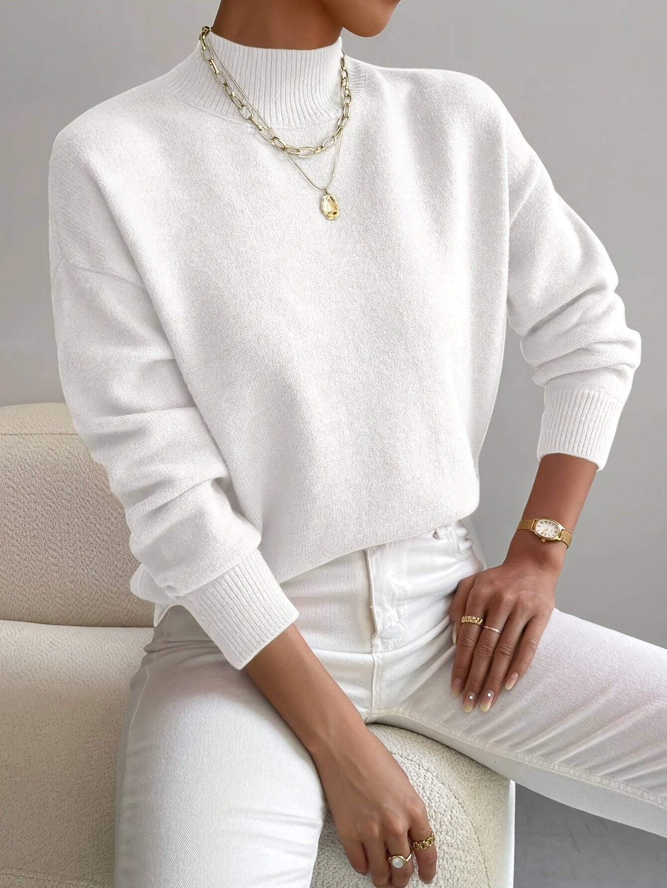Women's Oversized Funnel Roll Neck Jumper - White