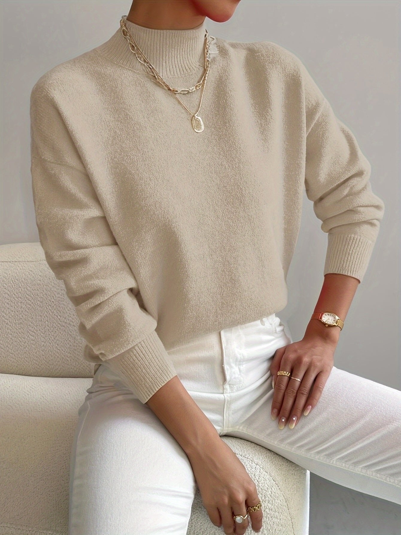 Women's Oversized Funnel Roll Neck Jumper - Beige