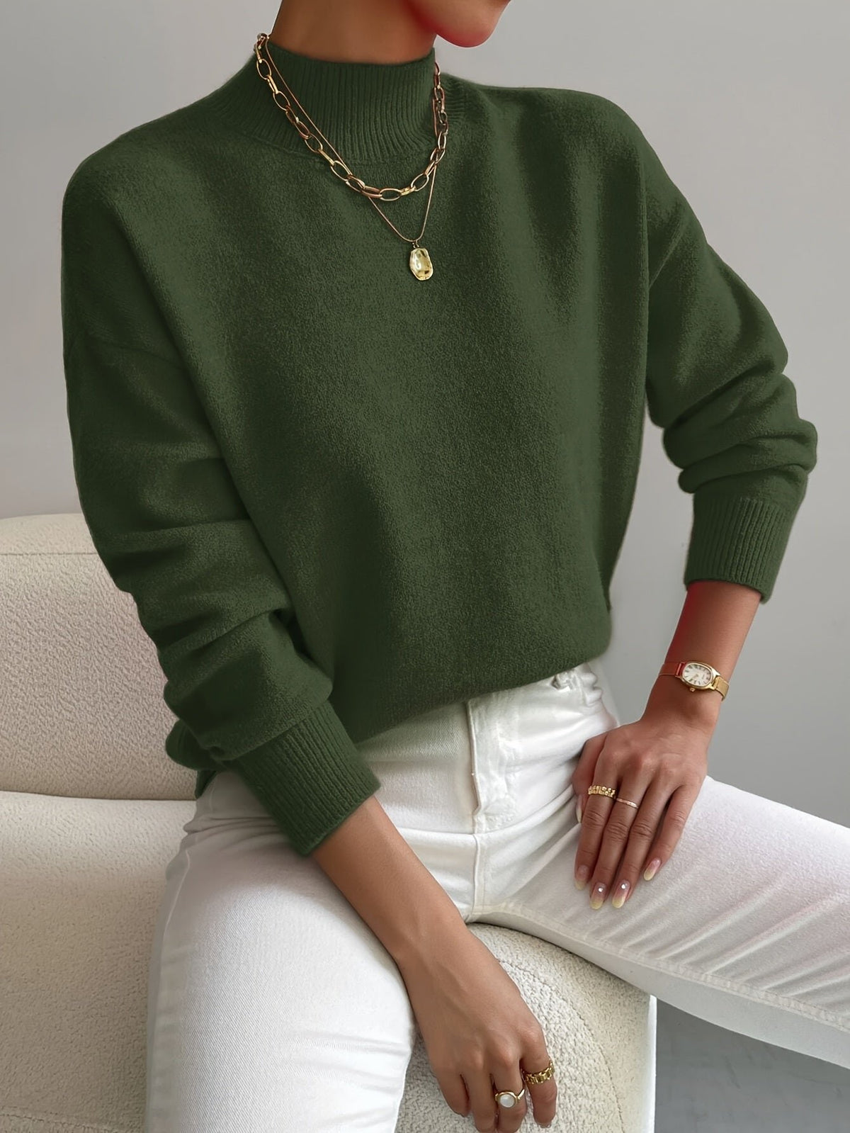 Women's Oversized Funnel Roll Neck Jumper - Green