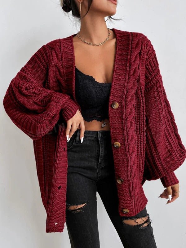 Women's Chunky Oversized Cable Knit Wool V-Neck Cardigan - Red