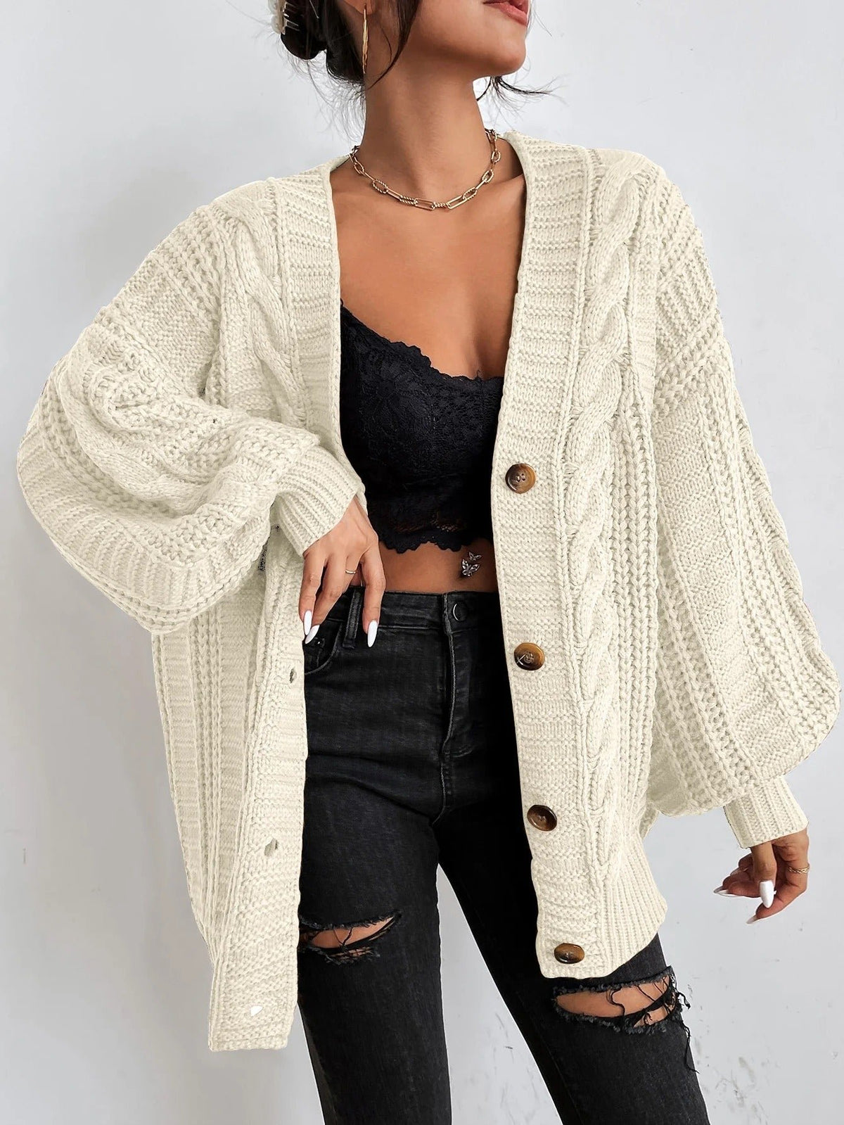 Women's Chunky Oversized Cable Knit Wool V-Neck Cardigan - Beige