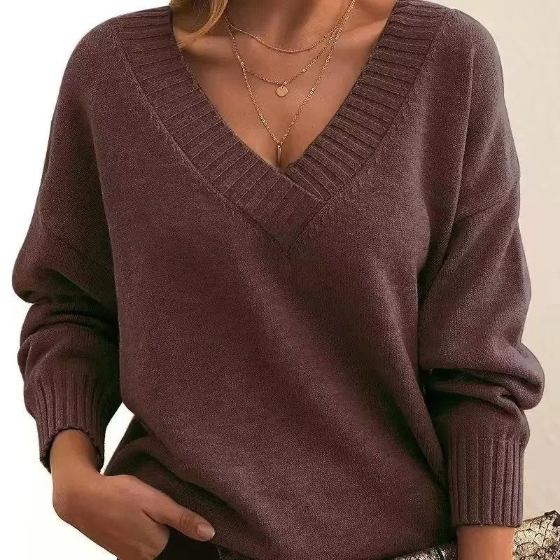 Women's Oversized V-Neck Knit Jumper - Coffee