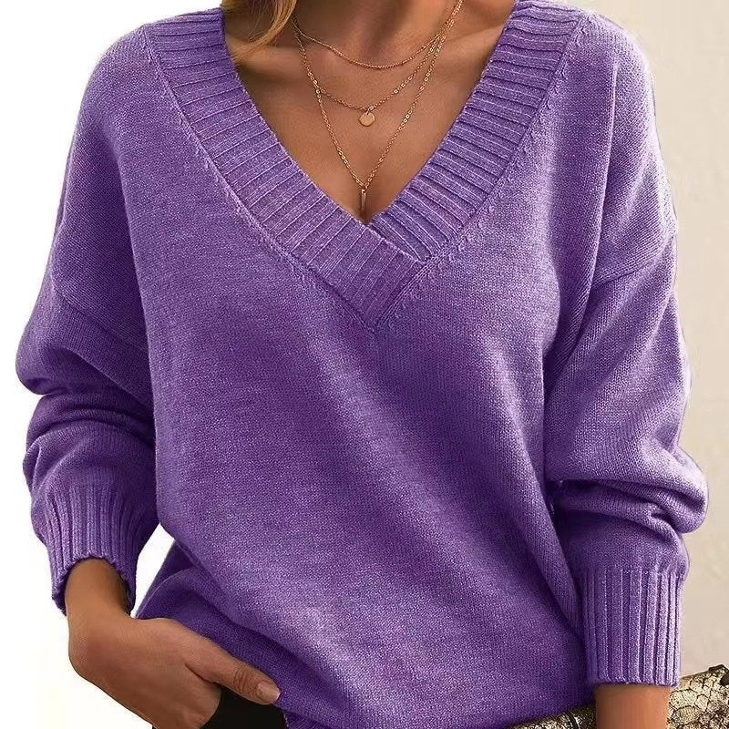 Women's Oversized V-Neck Knit Jumper - Purple