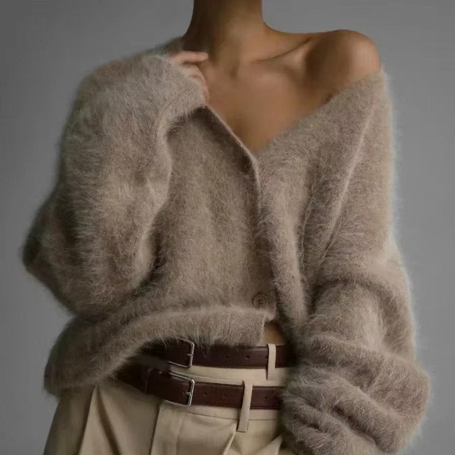 Women's Oversized V-Neck Cardigan - Khaki