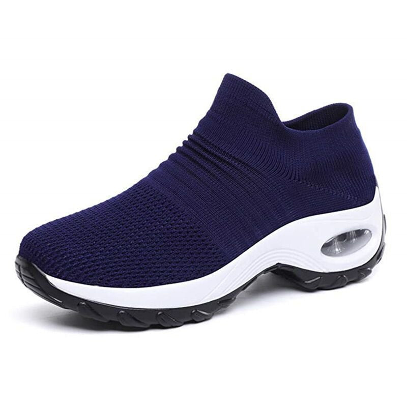 Women's Chunky Knit Platform Slip-On Wedge Trainers - Blue (White Sole)