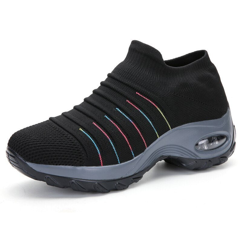 Women's Chunky Knit Platform Slip-On Wedge Trainers - Black (Colored Stripes)