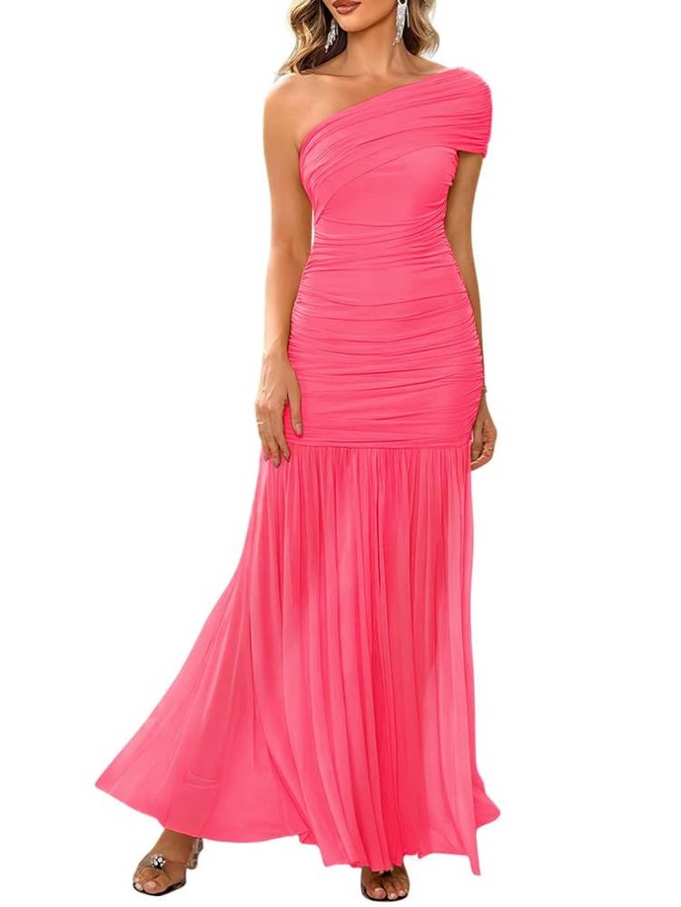 Women's Mermaid One-Shoulder Bodycon Maxi Party Gown - Fluo Pink