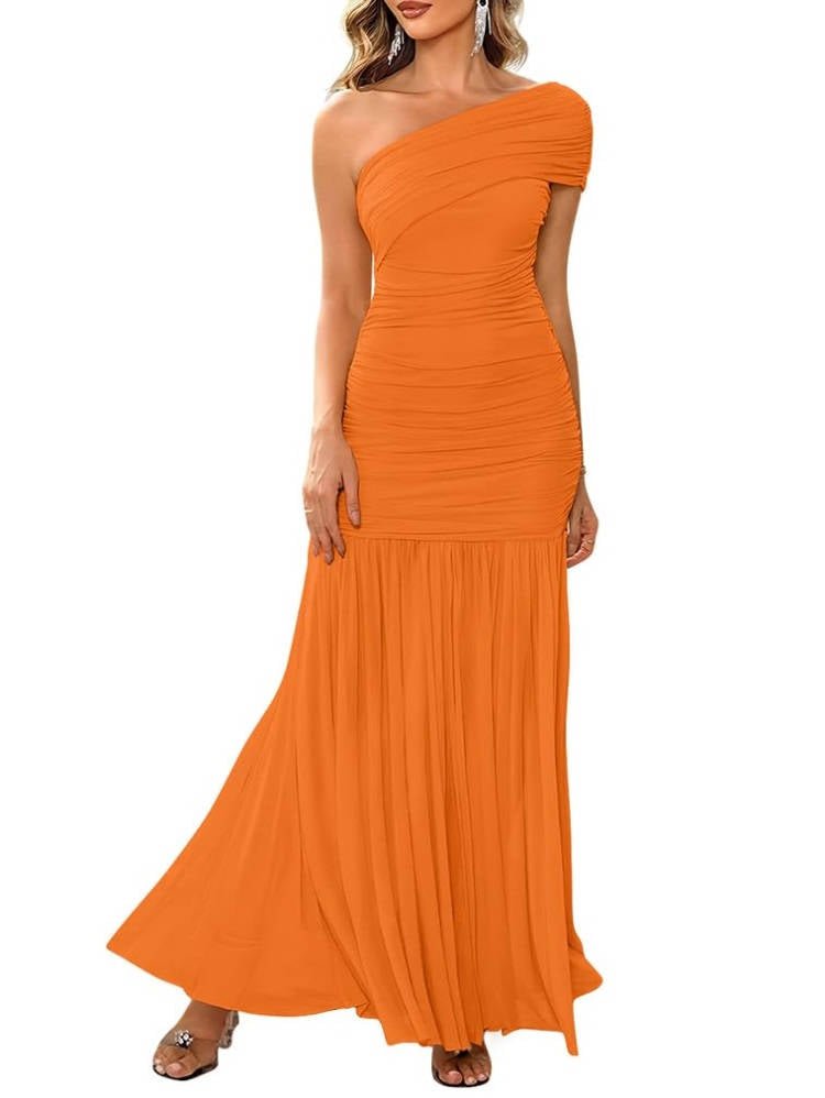 Women's Mermaid One-Shoulder Bodycon Maxi Party Gown - Orange