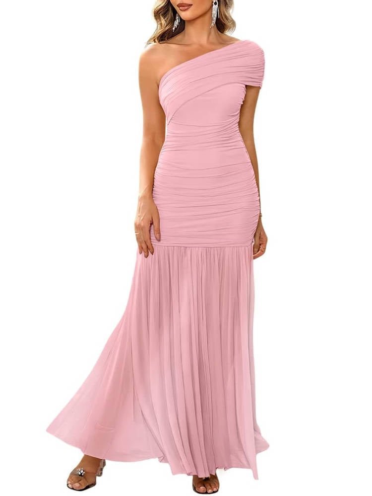 Women's Mermaid One-Shoulder Bodycon Maxi Party Gown - Pink