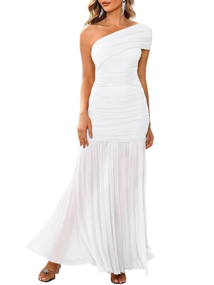 Women's Mermaid One-Shoulder Bodycon Maxi Party Gown - White