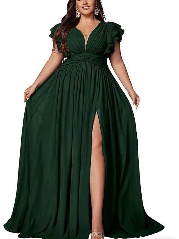 Women's Plus Size V-Neck Evening Maxi Party Gown - Green