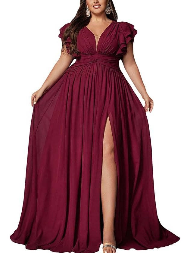 Women's Plus Size V-Neck Evening Maxi Party Gown - Red
