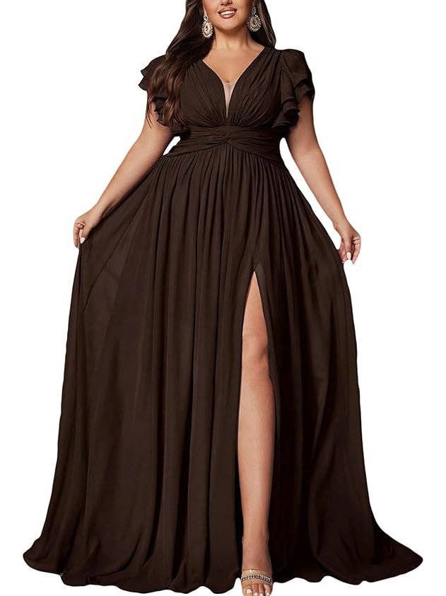 Women's Plus Size V-Neck Evening Maxi Party Gown - Brown