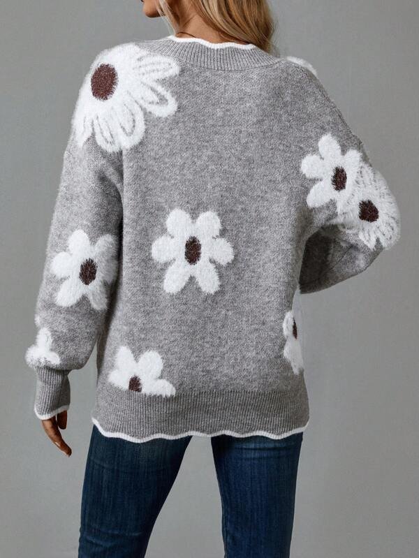 Women's Floral Wool V-Neck Jumper