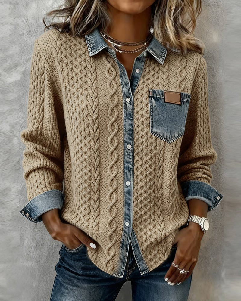 Women's Oversized Cable-Knit Shirt Jacket - Khaki