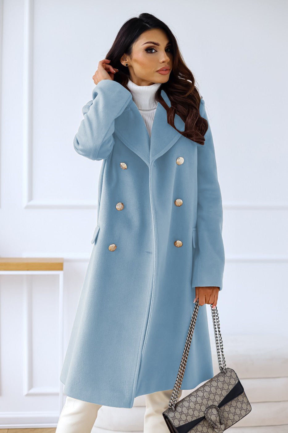 Women's Double-Breasted Belted Longline Wool Coat - Blue
