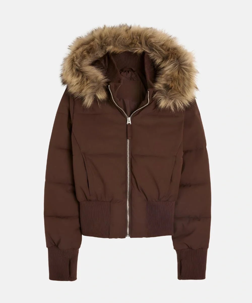Women's Cropped Faux Fur Puffer Jacket - Brown
