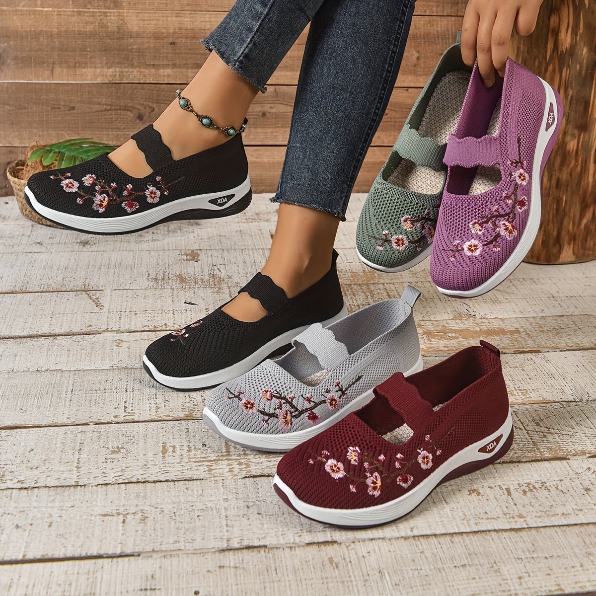 Women's Floral Mary Jane Slip-On Knit Platform Trainers