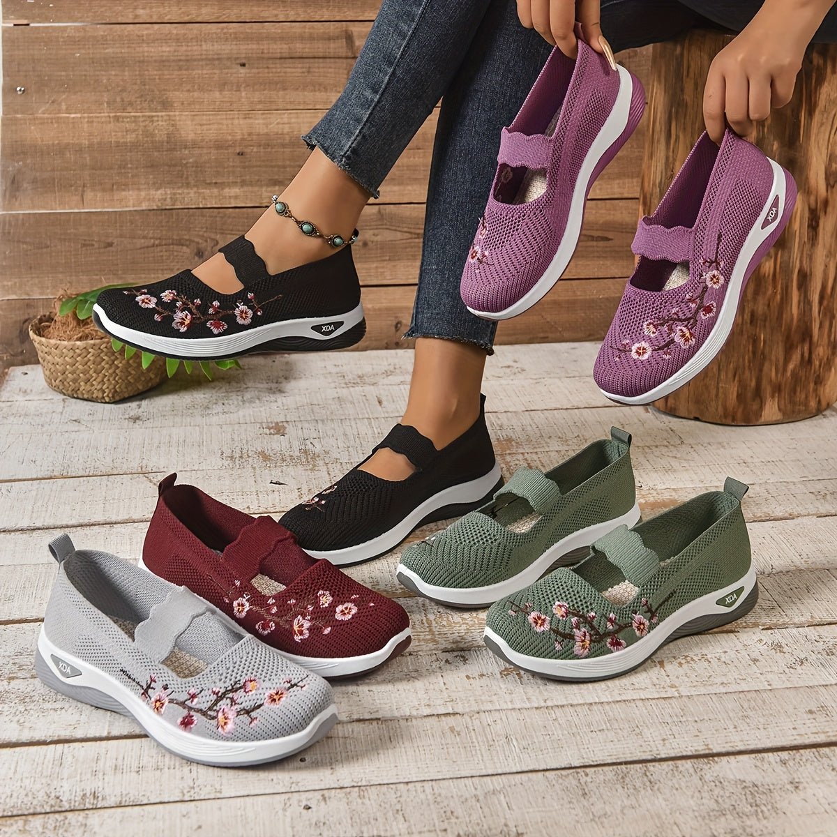 Women's Floral Mary Jane Slip-On Knit Platform Trainers