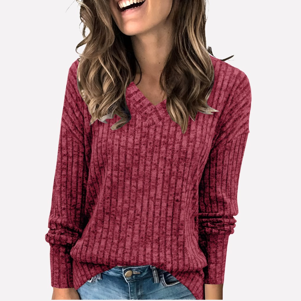 Women's Knit Ribbed V-Neck Jumper - Burgundy