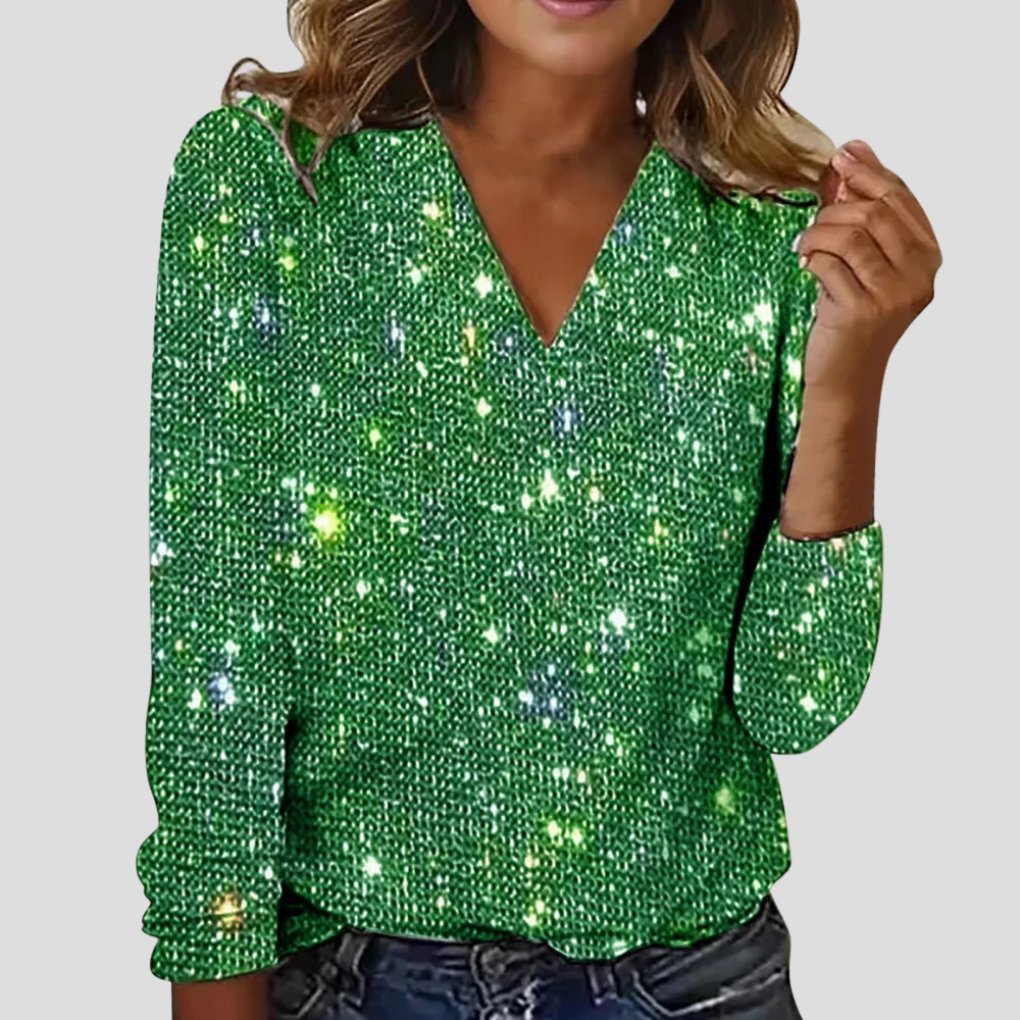 Women's V-Neck Sequin Long Sleeve Blouse - Green