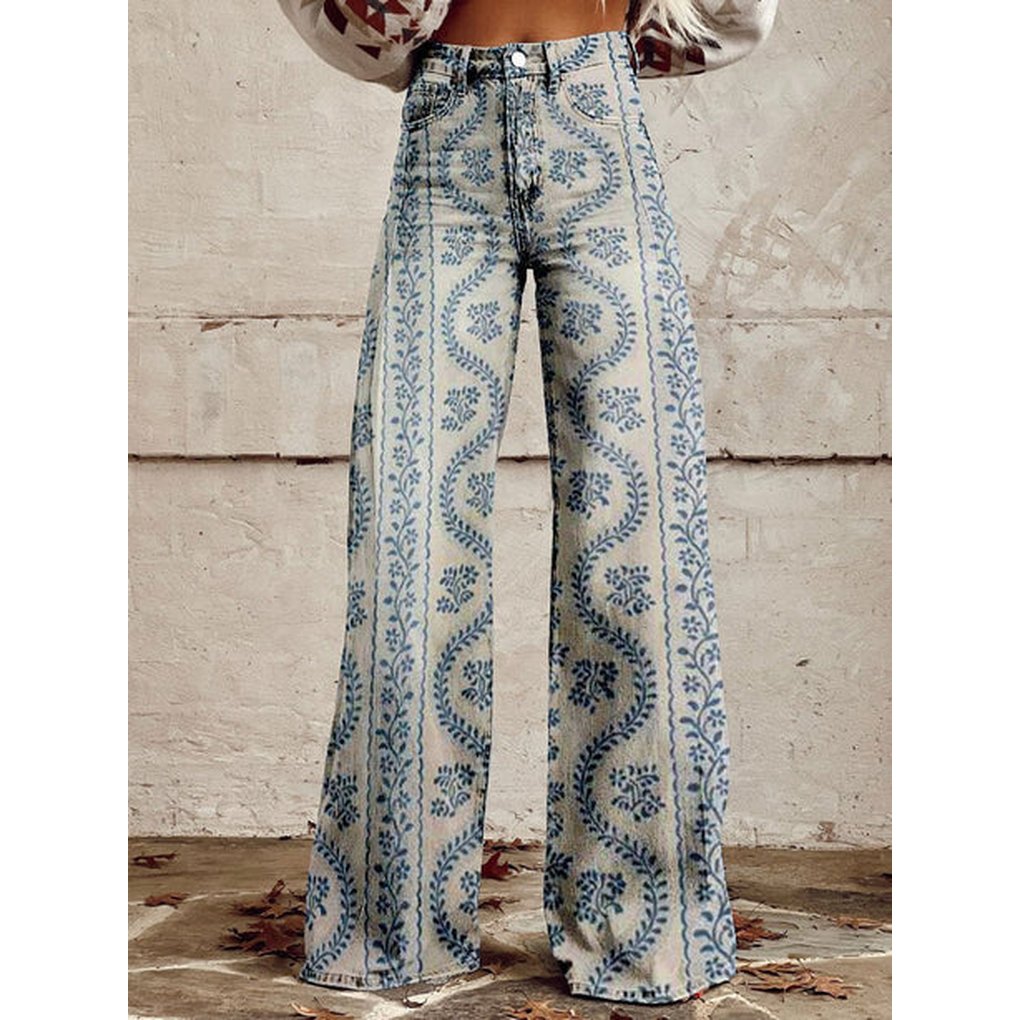 Women's Floral High-Waisted Wide-Leg Jeans - Blue Patterned