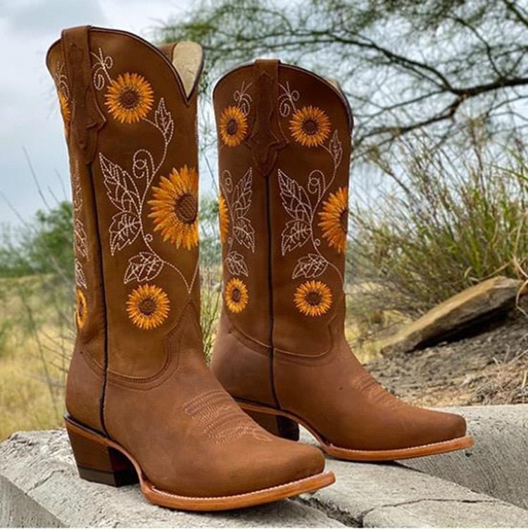 Women's Floral Leather Western Cowboy Boots - Brown