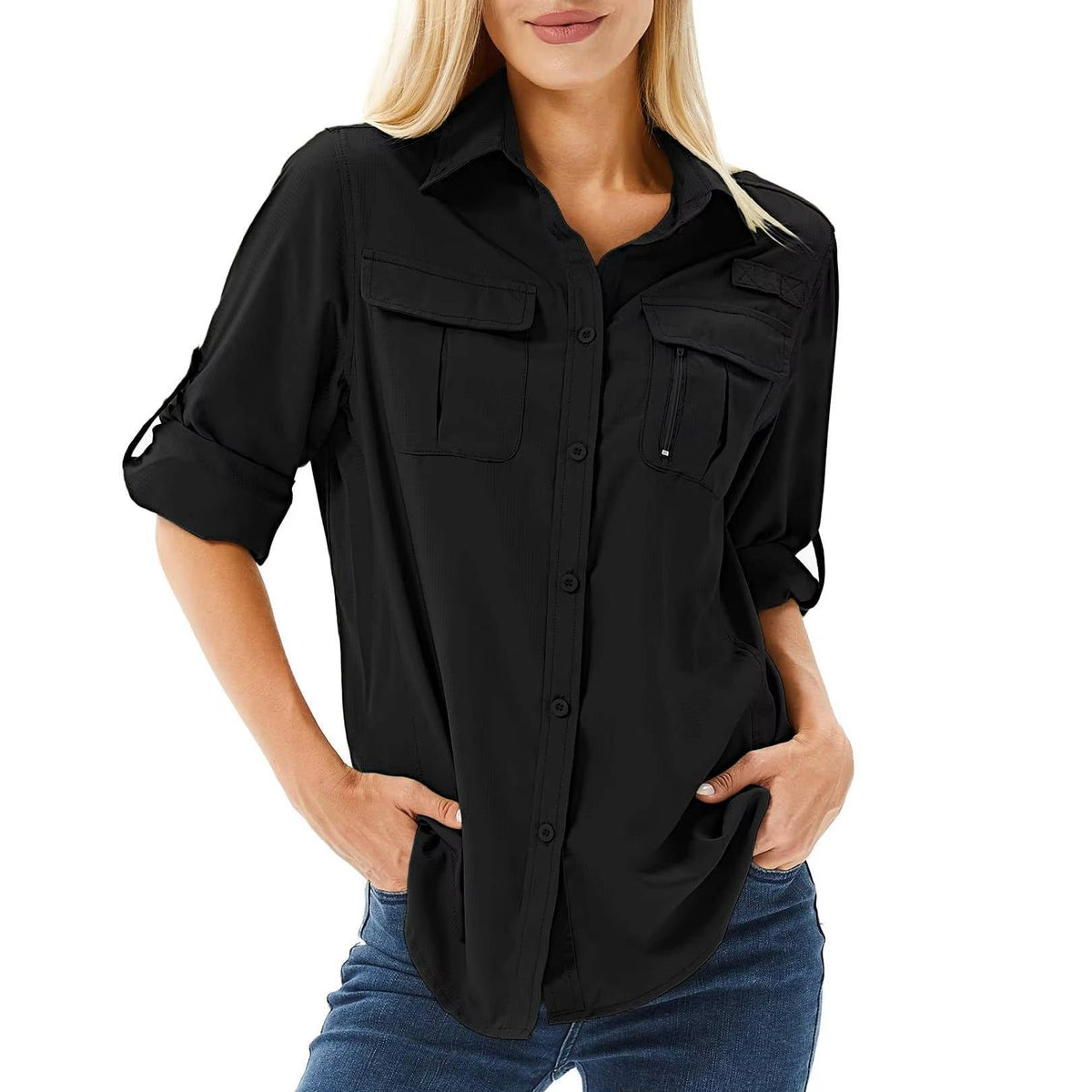 Women's Roll-Sleeve Safari Shirt - Black