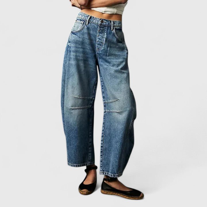 Women's Barrel-Leg High-Waisted Jeans - Dark Blue