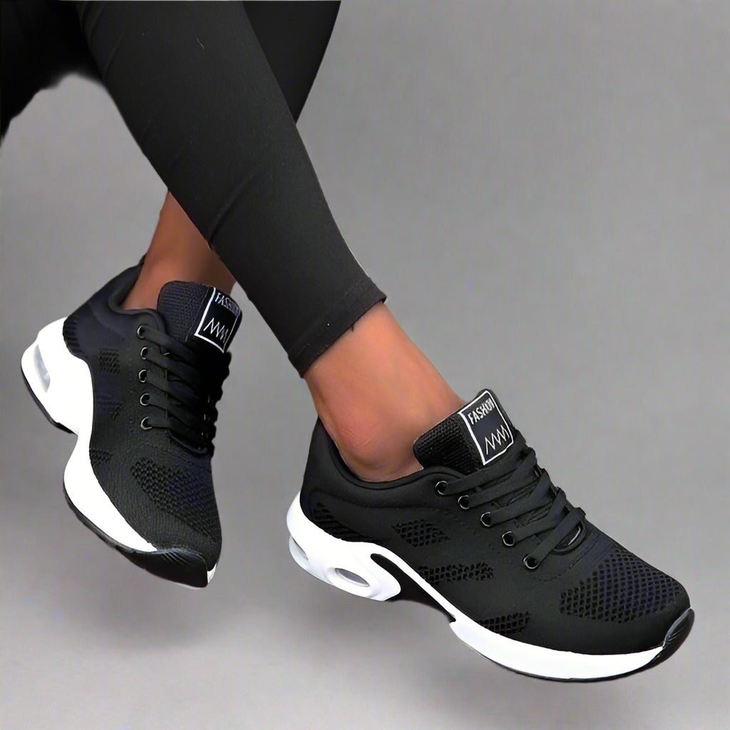 Women's Air-Cushion Running Lace-Up Platform Trainers - Black